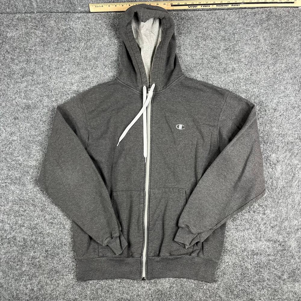 Champion Hoodie Mens Size L Gray Full Zip Eco Authentic Logo Drawstring‎